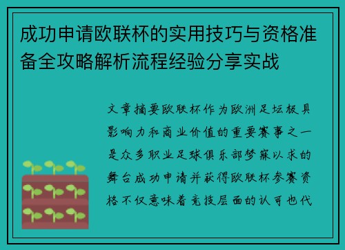 成功申请欧联杯的实用技巧与资格准备全攻略解析流程经验分享实战